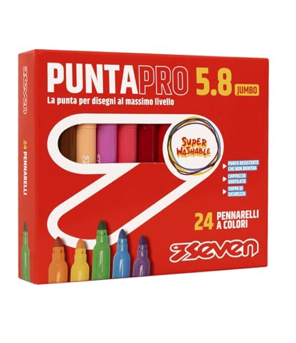 Seven Pennarelli Scuola Puntapro 5.8 - Scatola Da 24 Pz, Pennarelli A Colore, Super Washable, Bambini E Ragazzi