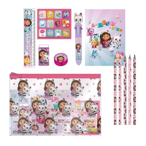 Set Di Cancelleria Ispirato Alla Casa Delle Bambole Di Gabby - Rosa - 22 X 14 X 0,5 Cm - Include Matite Colorate, Penna Multicolore, Righello, Astucci