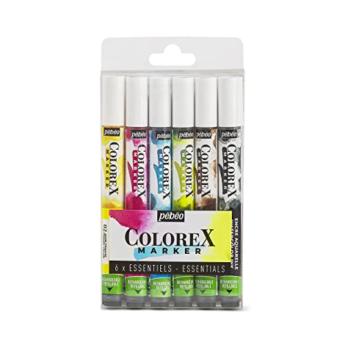 Pebeo - Set Di 6 Pennarelli Ad Inchiostro Colorex - Inchiostro Colorex Per Acquerello Pebeo - Inchiostro Colori Primari Finitura Liscia - Multi-Strume