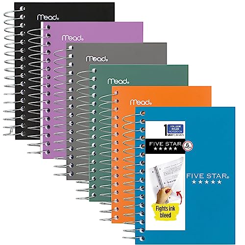 Five Star Fat Lil' 38027 - Quaderni Tascabili A Spirale, 6 Pezzi, Carta A Righe Universitarie, 8,9 X 13,5 Cm, Piccoli, 200 Fogli, Viola, Arancione, Ve