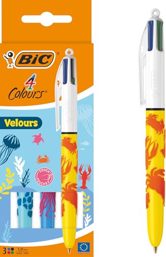 Bic 4 Colori Velours - Penna A Sfera Con Punta Media, 1 Mm, Confezione Da 3 Pezzi, Colori: Blu, Rosso, Verde E Nero
