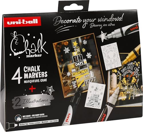 Uni-Ball 186831 - Set Di Pennarelli A Gesso Xmas Skand, 4 Pennarelli Con 2 Stencil, Uni Chalk Marker, Pennarelli A Gesso Per Finestre
