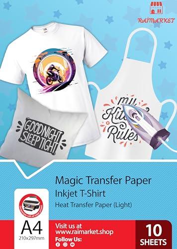 Raimarket Carta Transfer Termoadesiva Stampa Su Tessuto Diy, Trasferibile |10 Fogli A4| T-Shirt Di Colore Chiaro
