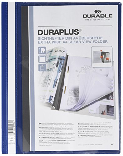 Durable 257907 - Cartellina Ad Aghi Duraplus, F.To A4+, Fronte Trasparente E Retro Colorato, Porta Etichetta, Tasche Interne, Blu, Conf. Da 25 Pezzi