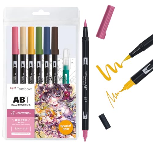 Tombow Abt Dual Brush Pen Set Manga Acquerello Flower, Set Di 6 Abt + Pennello Per Serbatoio D'Acqua, Modelli Da Colorare & Video Tutorial [Abt-6P-Man