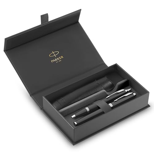 Parker Im Duo Pen Gift Set | Penna Stilografica, Penna A Sfera E Astuccio Per Penna | Finitura Laccata Nera Con Finiture Cromate | Punta Media | Ricar