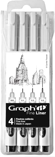 Graph'It Fine Liner - Confezione Da 4 Pennarelli A Punta Calibrata Inchiostro Pigmentato A Base D'Acqua Resistente Alla Luce E Allo Scrub, Colore Nero