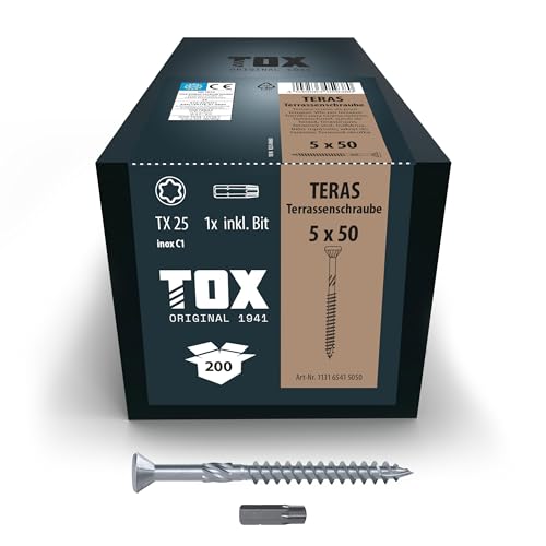 Tox Viti Per Decking Tox Teras 5,0 X 50 Mm, Viti Con Testa Decorativa, Resistenti Agli Agenti Atmosferici Grazie All'Acciaio Inox C1, Tx25, 200 Pezzi