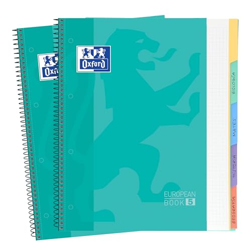 Oxford - Quaderni A4 A Quadretti 5 X 5 Con 5 Divisori, Confezione Da 2 Pezzi, Microperforati, Copertine Extra Rigide, 100 Fogli, 90 G, Colore Menta