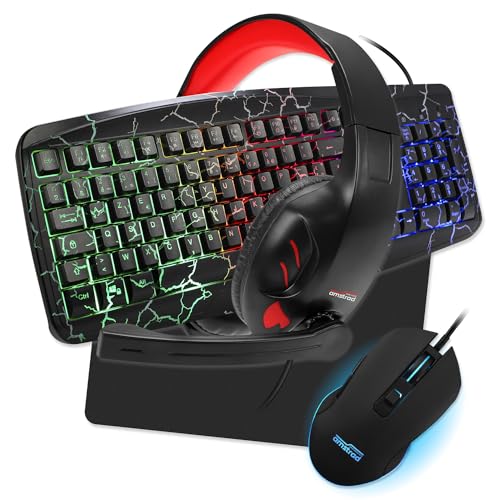 Amstrad Pack Pro Gamer Warriors 5 Pezzi: Tastiera, Mouse E Tappeti, Cuffie E Adattatore, Retroilluminazione Rgb, Azerty & Usb