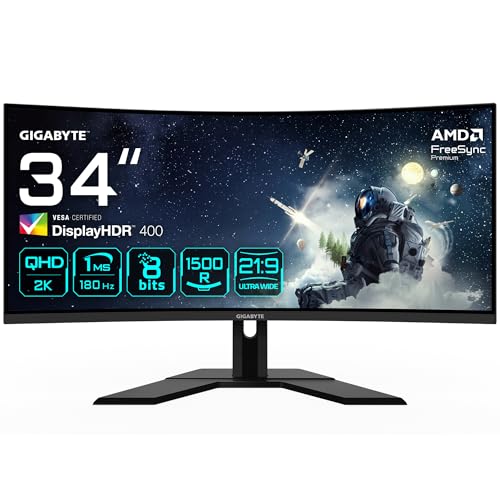 Gigabyte G34Wqcp 34" Monitor Gaming Curvo Wqhd - 3440 X 1440, Va, 180Hz, 1Ms, 1500R, 350 Cd/M², Freesync Premium, Displayhdr 400, Hdmi 2.0, Displaypor