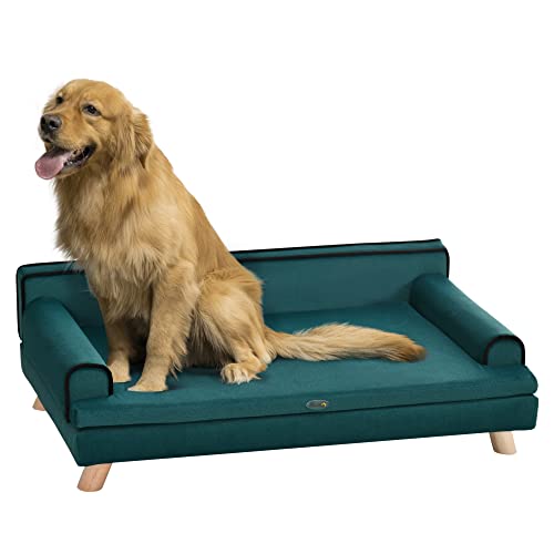 Pawhut Divano Per Cani Grandi Con Imbottitura E Rivestimento Morbido, Cuccia Per Cani Con Rivestimento Lavabile E Gambe In Legno, Verde Scuro