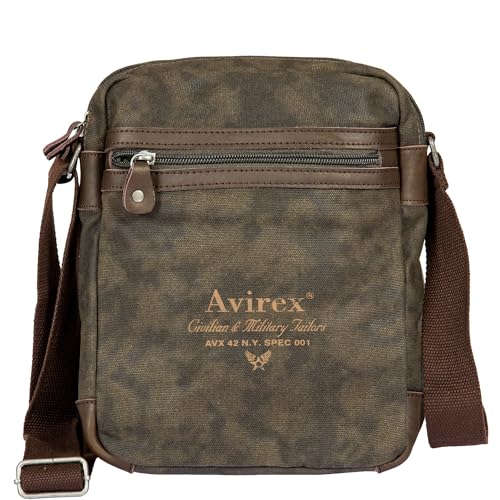 Avirex, Borsello Medio Con Tracolla Regolabile In Canvas Spalmato Con Parti In Ecopelle, Tracolla Da Uomo, Collezione Pasadena, Psd03 (Dark Green)