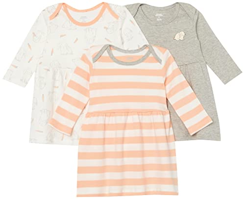 Amazon Essentials Abito In Cotone A Maniche Lunghe Bimba, Pacco Da 3, Bianco/Grigio/Rosa Chiaro Righe/Coniglietto, 0 Mesi