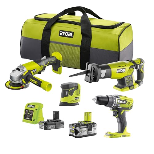 Ryobi Kit Combinato Da 18 V One+ R18Ck4E-242S, 8 Pezzi: Trapano Avvitatore A Batteria, Smerigliatrice Angolare A Batteria, Sega A Sciabola, Levigatric