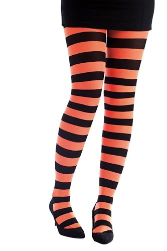 P'Tit Clown - 74711 - Collant Da Donna Opaco A Righe - Nero, Arancione Fluo - Accessorio Fantasia Per Carnevale, Halloween, Feste In Costume Ed Eventi