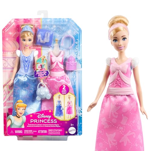 Mattel Disney Princess - Cenerentola 2 Storie In 1, Bambola Alla Moda Ispirata Al Film Con 2 Look Completi Intercambiabili E 9 Accessori Inclusi, Gioc