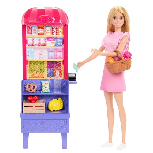 Barbie - Malibu Fa La Spesa, Bambola Bionda E Bancarella Del Mercato Con 11 Accessori A Tema, Set Ispirato Al Film Barbie E Teresa La Ricetta Dell'Ami