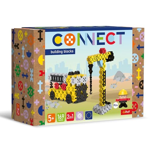 Connect Trefl Set Di Mattoncini 2In1, Gru/Autogrù Con Braccio Articolato - 169 Pezzi: 164 Mattoncini + Personaggio 5 Mattoncini, Gioco Creativo Per Ad