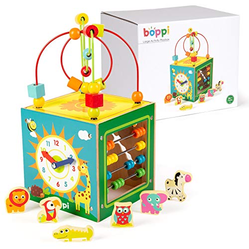 Boppi 5 In 1 Grande Cubo Di Attività In Legno A 2 Vie Perline Labirinto Roller Coaster Sensoriale Baby Toy Con Orologio Abacus Forma Animale Seleziona