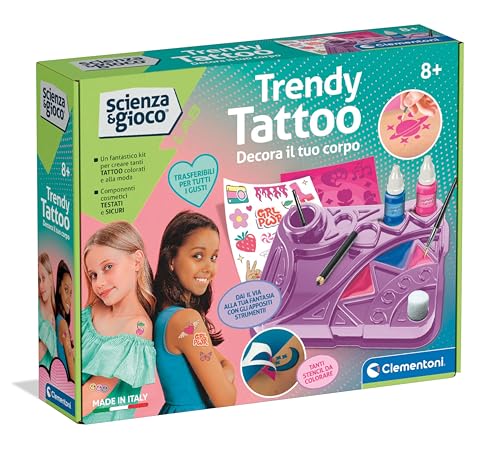 Clementoni Scienza E Gioco Lab - Trendy Tattoo, Kit Di Tatuaggi Per Bambini 8+ Anni, Gioco Scientifico Con Trasferelli, Strumenti E Stencil Per Creare