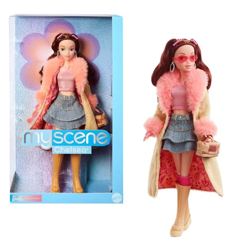 Barbie Signature - Chelsea My Scene, Bambola Da Collezione In Abito Ispirato Agli Anni 2000 Con Top A Farfalla, Jeans Cargo, Borsa In Denim E Piedista