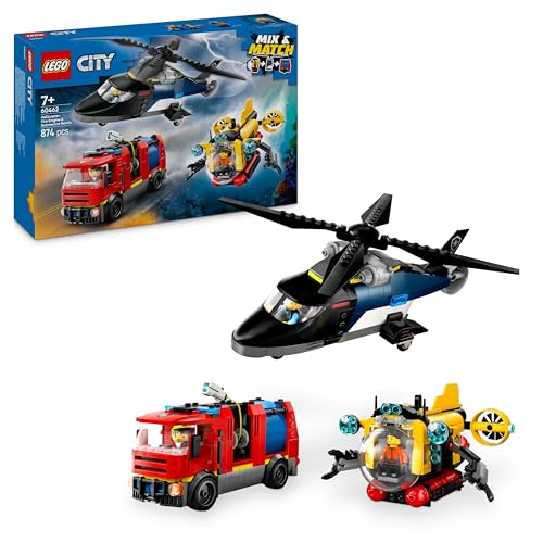 Lego City 3In1 Elicottero, Autopompa E Sottomarino - Giocattolo Combinabile Con Veicoli Da Costruire E 3 Minifigure, Giochi Modulari Per Bambini E Bam