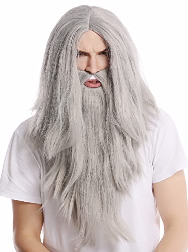 Wig Me Up - Pw0210-Za68E Parrucca & Barba Halloween Carnevale Lunga Liscia Grigia Mago Ruprecht Il Servo Profeta Vecchio Biker