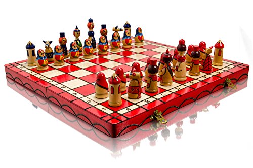 Master Of Chess Scacchiera In Legno “Matryoshka ” 42 Cm - Pittura A Mano Grandi Scacchiera Portatile - Set Di Scacchi Pieghevoli Per Bambini E Adulti