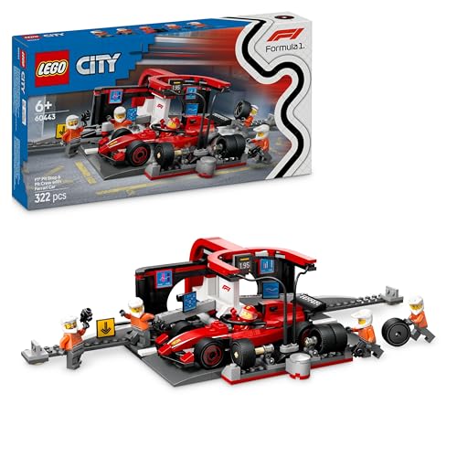 Lego City Pit Stop E Meccanici Con Monoposto Ferrari F1 - Kit Officina Da Costruire Con Macchina Giocattolo, Minifigure E Accessori, Giochi Per Bambin