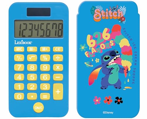 Lexibook, Disney Stitch, Calcolatrice Tascabile Con Copertura Protettiva, Funzioni Convenzionali E Avanzate, A Batteria E Solare, Blu, C45D