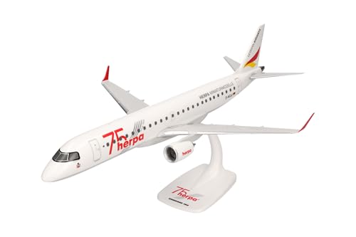 Herpa Snap-Fit Modellino Aereo German Airways Embraer E190 75 Years, Miniatura In Scala 1:100, Pezzo Da Collezione, Modello Con Base, Plastica