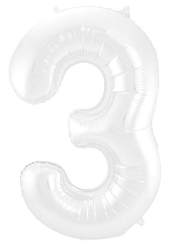 Folat 65993 Palloncino Di Alluminio Numero Figura 3 Bianco Metallizzato Opaco 86 Cm - Decorazione Palloncino Di Elio Per Compleanno, Anniversario