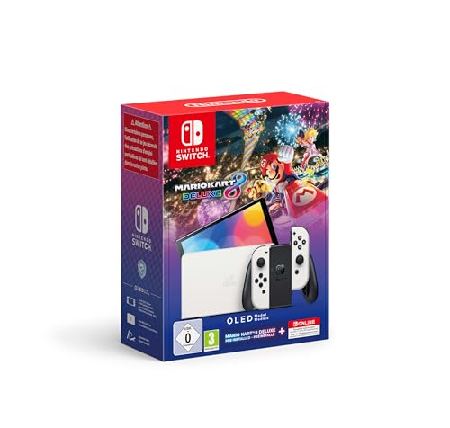 Console Nintendo Switch Oled (Bianco) Con Gioco Mario Kart 8 Deluxe Preinstallato E Abbonamento 12 Mesi A Nintendo Switch Online