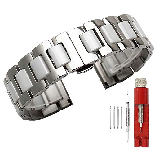 Kai Tian Cinturino Orologio Acciaio Inossidabile 18Mm Cinturino Ceramica Cinturini Metallo Uomo Donne Chiusura Farfalla Lucida Argento Bianco