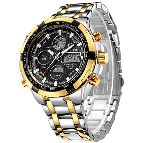 Golden Hour Lusso In Acciaio Inox Analogico Digitale Orologi Per Uomo Sport All'Aperto Impermeabile Grande Orologio Da Polso Pesante (Silver Gold Blac
