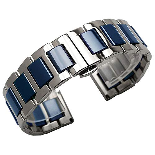 Kai Tian Esclusiva Ceramica Blu Cinturino Ricambio 18Mm Due Toni Cinturino Orologio Argento Per Donna Uomo Chiusura Deployante Acciaio Inossidabile
