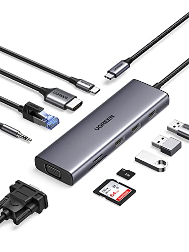 Ugreen 10 In 1 Hub Usb C Hdmi Vga Dock Docking Station Usb C Pd 100W Alimentato Rj45 Ethernet Jack 3,5Mm Usb 3.0 5Gbps Lettore Di Schede Doppio Displa