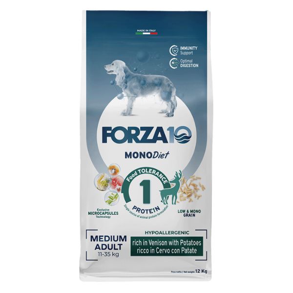 Forza10 monodiet medium adult low grain hypoallergenic cervo con patate - 12 kg - crocchette monoproteiche cane