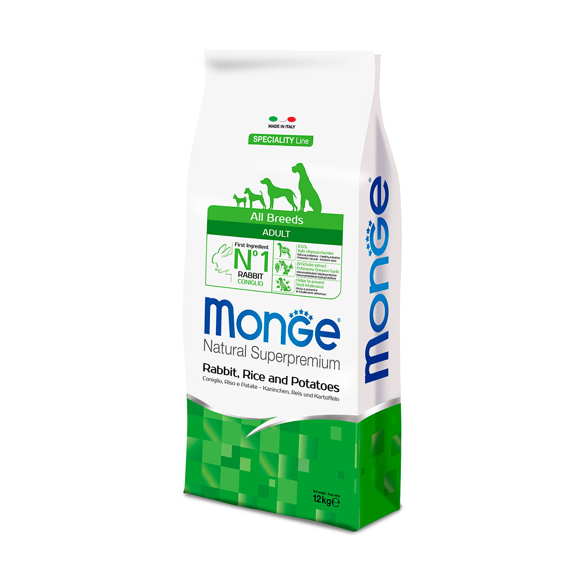 Monge natural superpremium all breeds adult monoprotein coniglio con riso e patate - 12 kg - crocchette monoproteiche cane