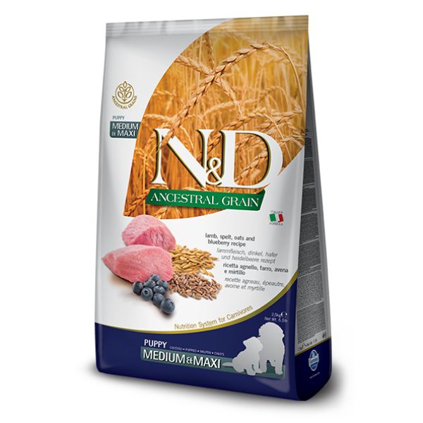 Farmina n&d ancestral grain puppy medium/maxi agnello e mirtillo - 12 kg - croccantini per cani