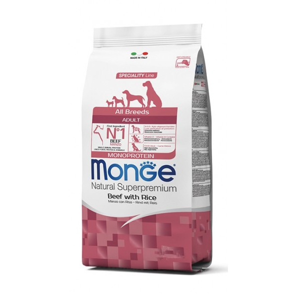 Monge natural superpremium all breeds adult monoprotein manzo con riso - 12 kg - crocchette monoproteiche cane