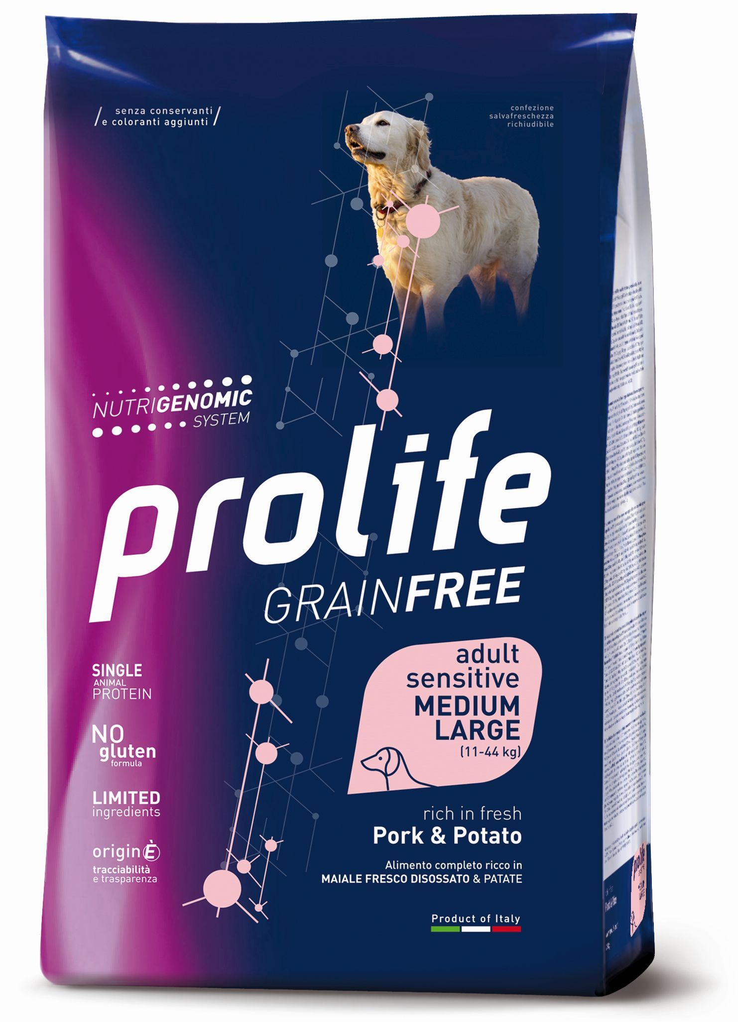 Prolife grain free cane adult sensitive medium/large maiale e patate - 10 kg - crocchette monoproteiche cane