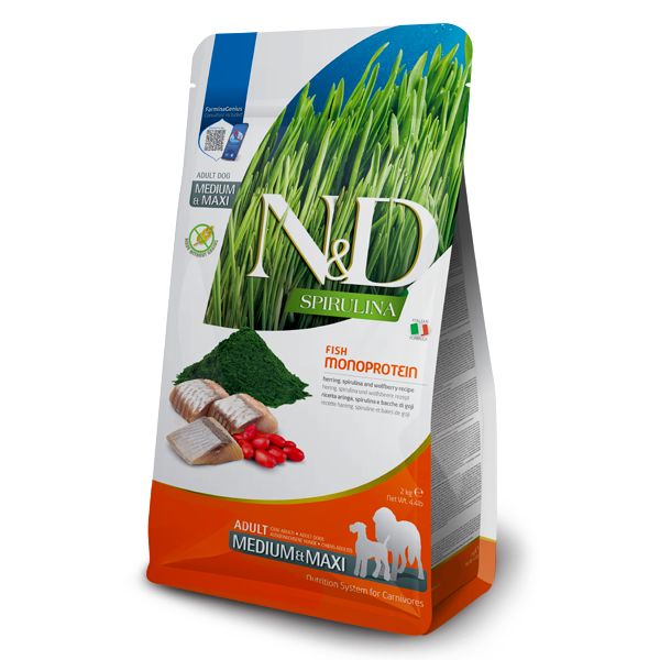 Farmina n&d spirulina grain free adult medium-maxi aringa, spirulina e bacche di goji - 2 kg
