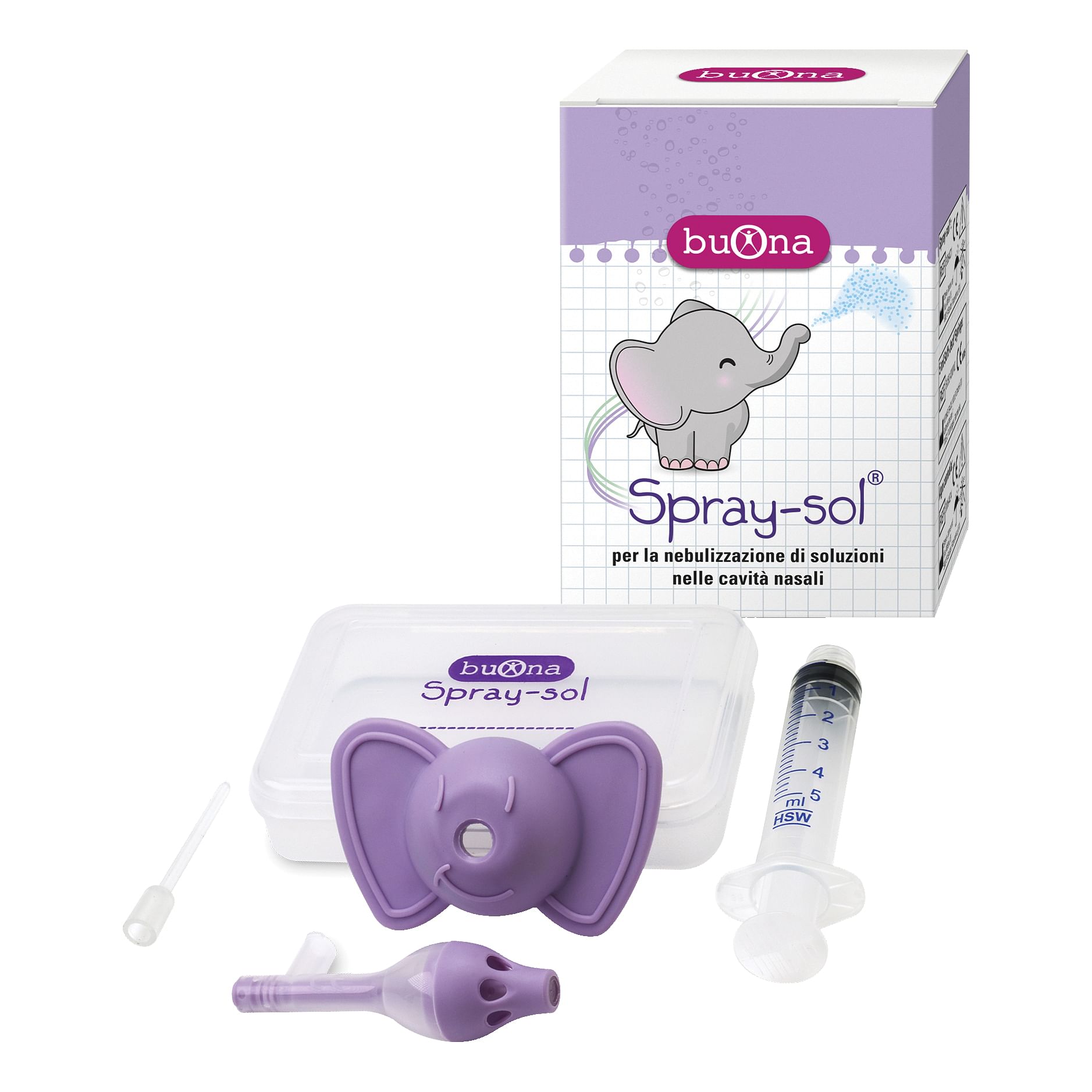 Buona Spray Sol Kit 5 Pezzi 1 Spray Sol + 1 Siringa Luer Lock Da 5 Ml + 1 Ago Cannula + Elefantino Copri Siringa