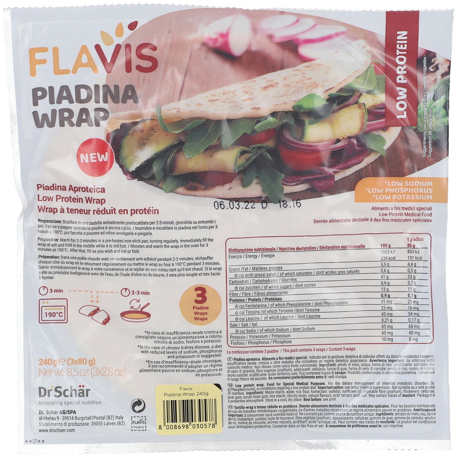 Flavis Piadina Wrap Aproteica 3 Pezzi Da 80 G