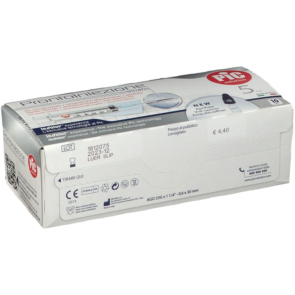 Siringa Pic Solution Pronta Iniezione Ago Montato Misura Gauge 23 1 1/4 10 Pezzi