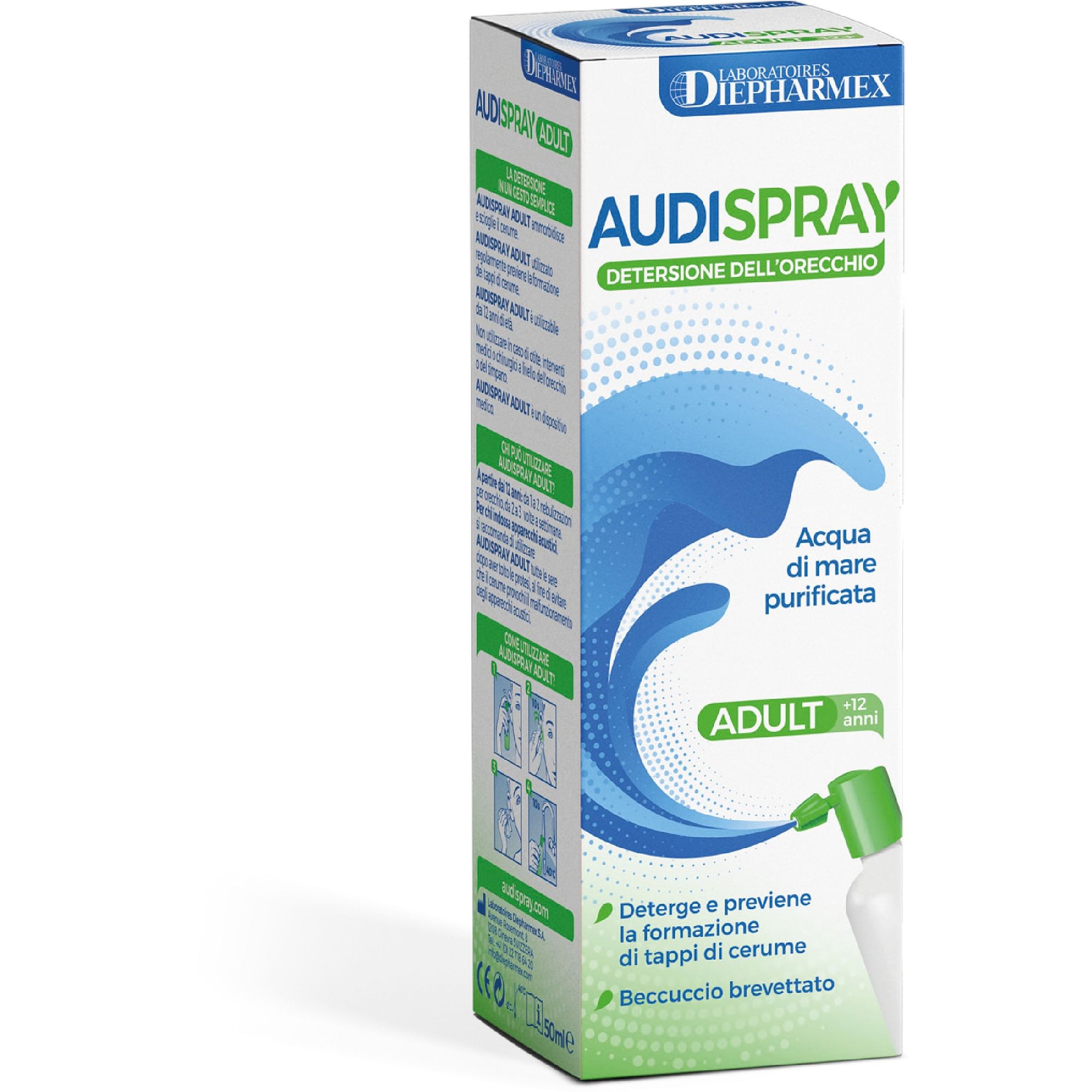 Audispray Adult Soluzione Di Acqua Di Mare Ipertonica Spray Senza Gas Detersione Orecchio 50 Ml
