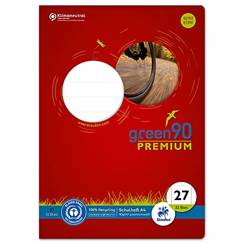 Staufen Green Quaderno – Din A4, Rigatura 27 (9 Mm A Righe Con Margini), 32 Fogli, Carta Riciclata 90 G/M², Angoli Arrotondati Per Evitare Le Ascelle,
