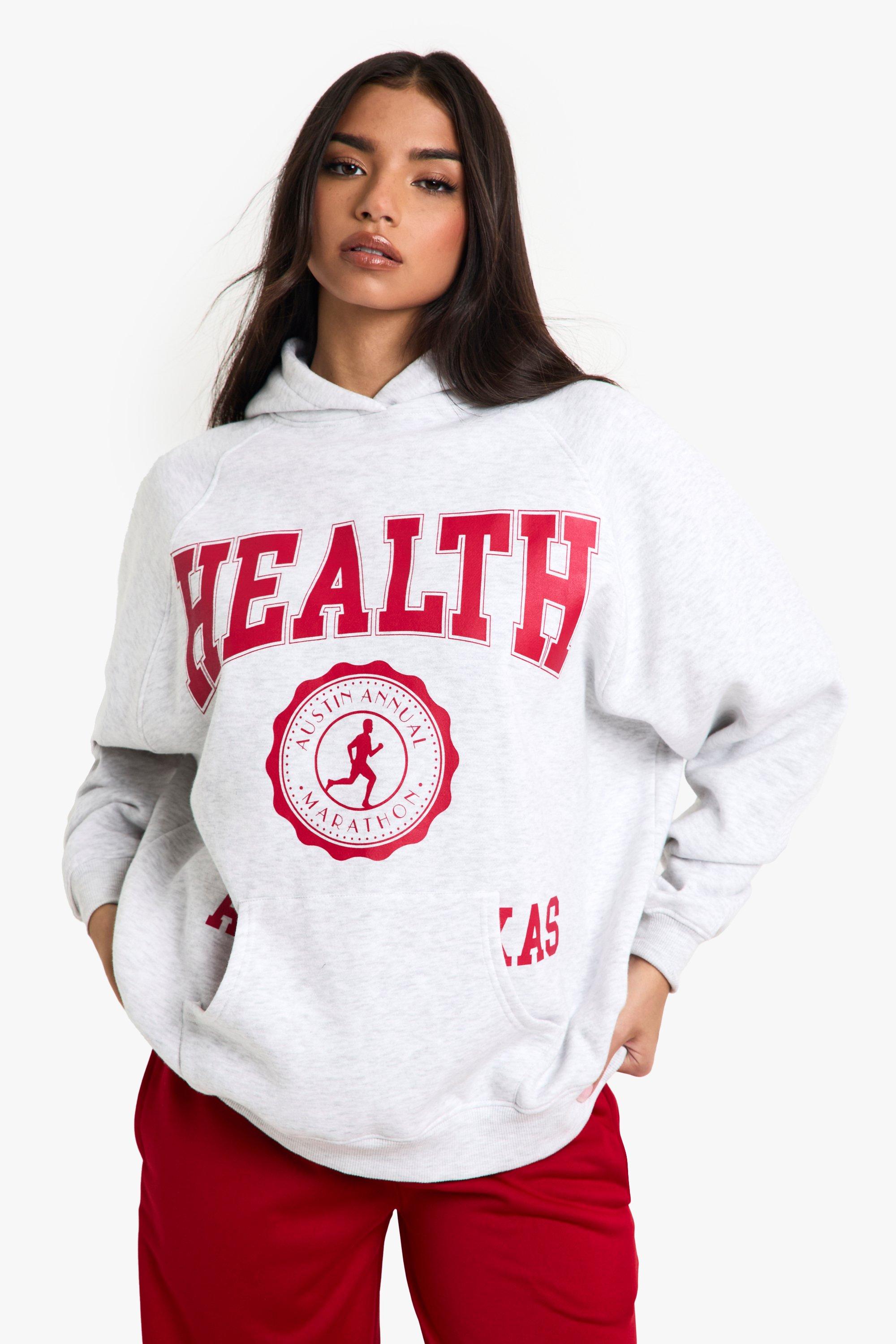 Felpa oversize con slogan Austin Texas Health e cappuccio, Grigio